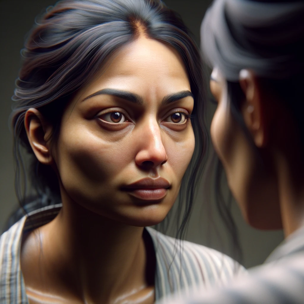 DONNA CHE SI GUARDA ALLO SPECCHIO CON ESPRESSIONE DUBBIOSA IN VOLTO, iperrealistico 4k emoji