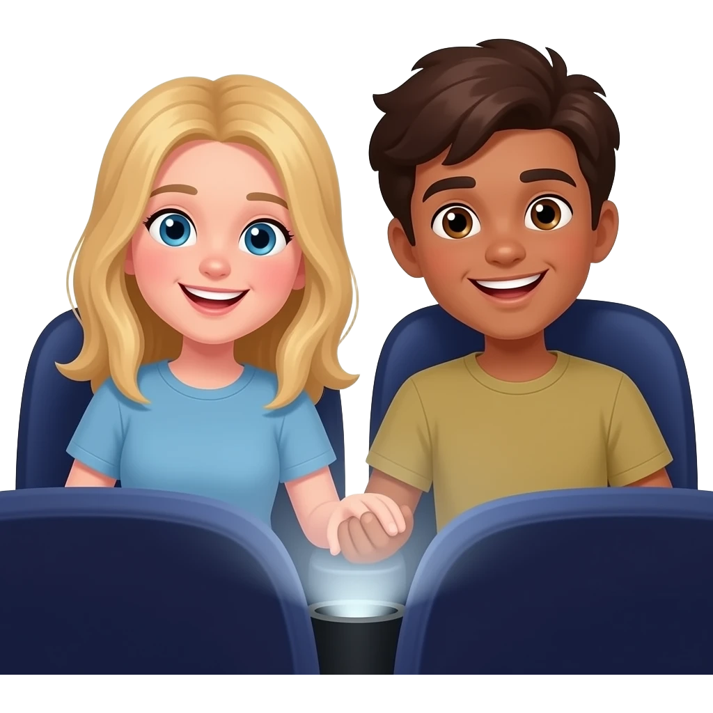 Make a young gay teen couple on a Date , one has light Skin with Blond Hair and Blue Eyes, the other one has slightly brown skin witz dark Brown Hair and Brown Eyes. They are watching a movie together. emoji