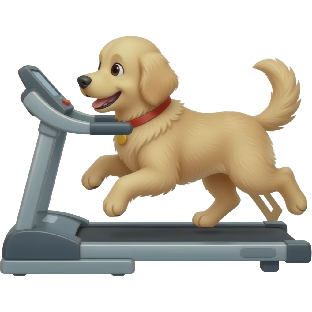 Cream coloured golden doodle running on a treadmill emoji