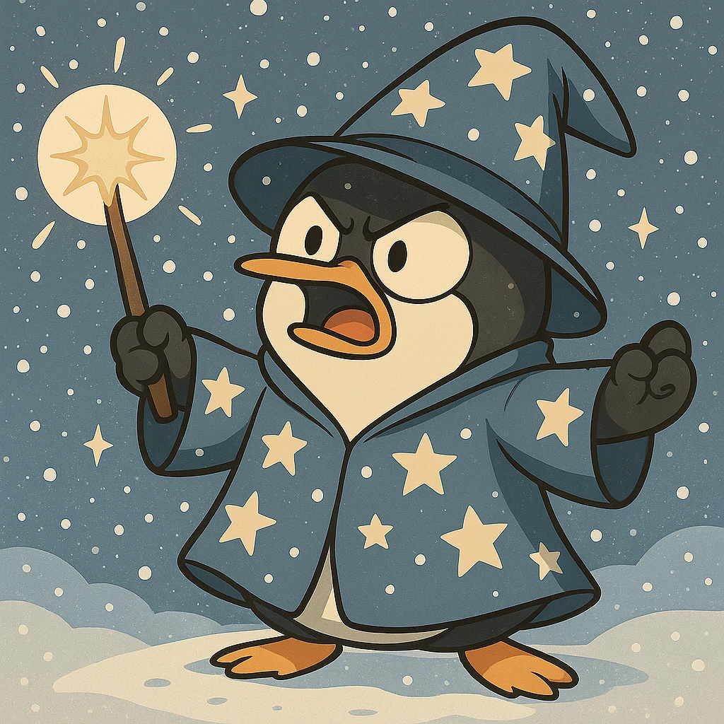 Add a snowy background behind the penguin wizard, keeping the cartoon style. emoji