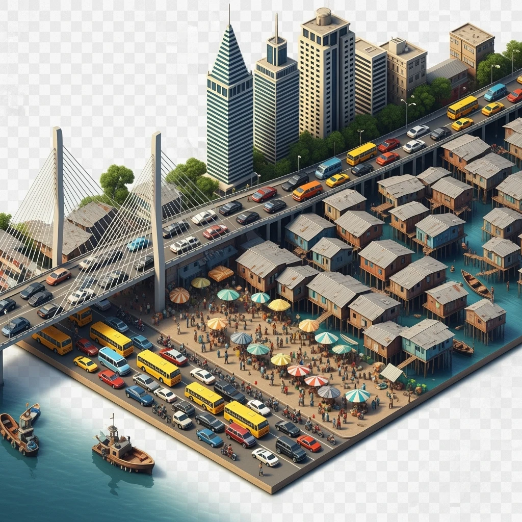 Isometric miniature of Lagos Lekki-Ikoyi Bridge, Eko Atlantic skyscrapers, Makoko slums, tin-roof shacks, chaotic markets, gridlocked traffic, 3D miniature effect and Tilt Shift effect, no cartoonish look, transparent background, don't cut angles emoji