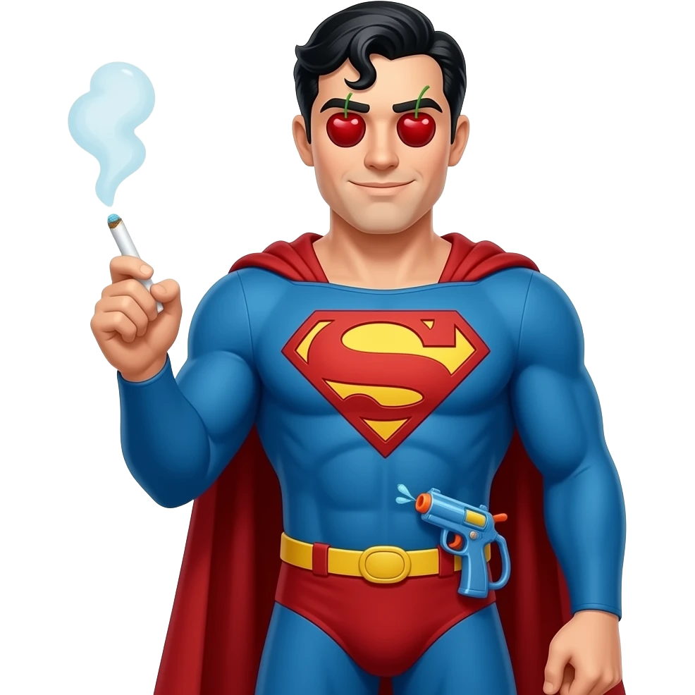 Make this with , the eyes have Cherries as pupils and the left hand is holding a joint and a gas emoji, right hand is relaxed and whole arm is down, emoji is seen until the waist with a water gun tucked Superman with his complete look emoji