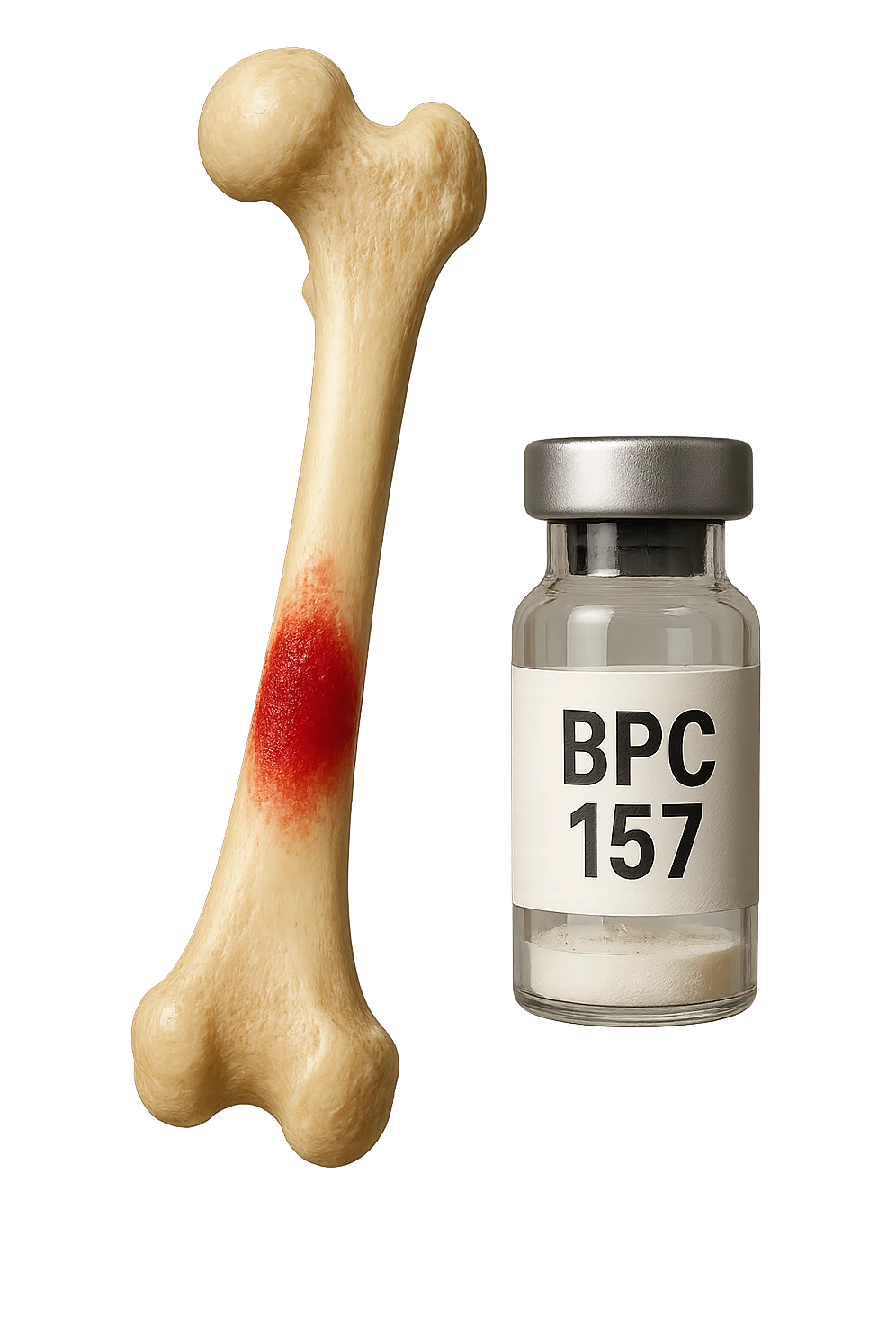 osso umano con red spot fluttua insiema a fiala medica con la scritta "BPC 157" SULL'ETICHETTA, iperrealistiche 4k emoji