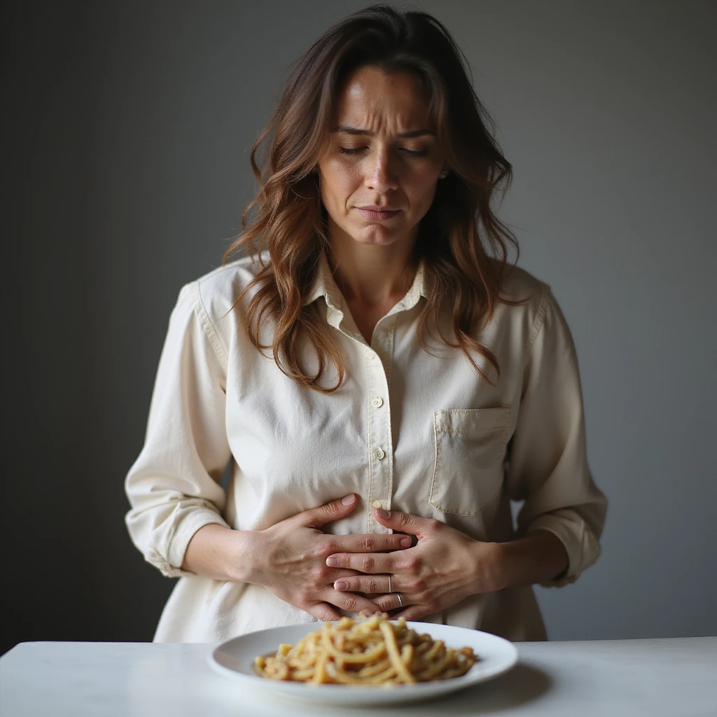 30-year-old woman sitting at a table, holding her belly with a painful expression after eating a plate of pasta or bread. Visible discomfort on her face, slight abdominal bloating, light sweat, and flushed face. Realistic lighting, neutral kitchen background. Clearly visible discomfort. 6 variants. emoji