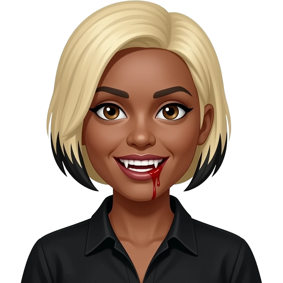 women blond short hair with black roots to the side, black skin, brown eyes, black shirt,  dracula teeth with blood on the fangs emoji