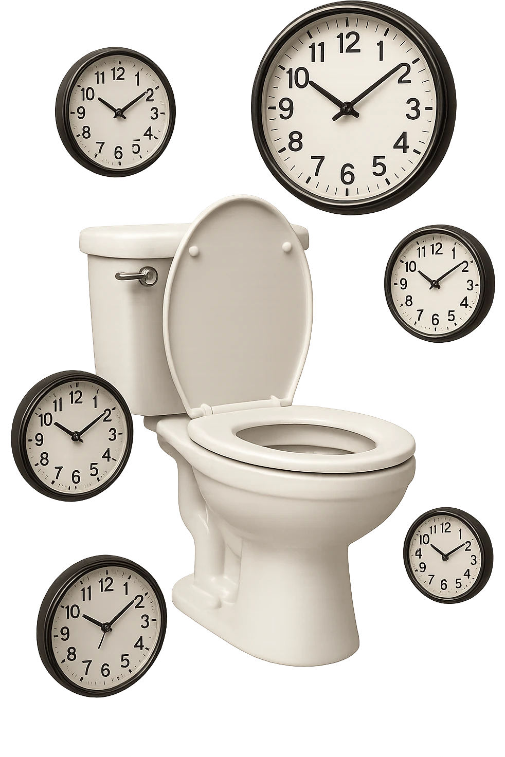 emoji stile iphone di un wc con orologi che gli fluttuano intorno, iperrealistico 4k emoji