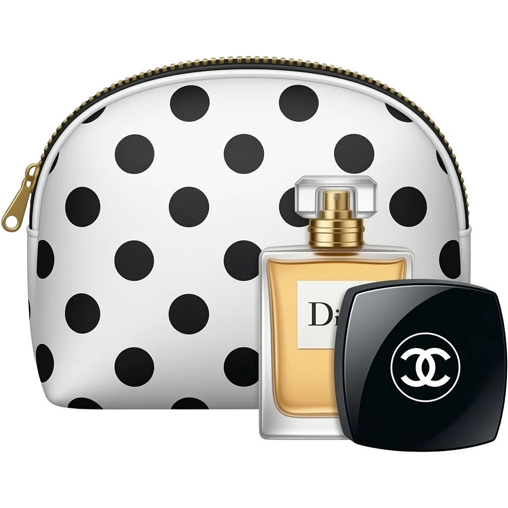 white polka dot with black dots makeup pouch inside Dior and Chanel products emoji