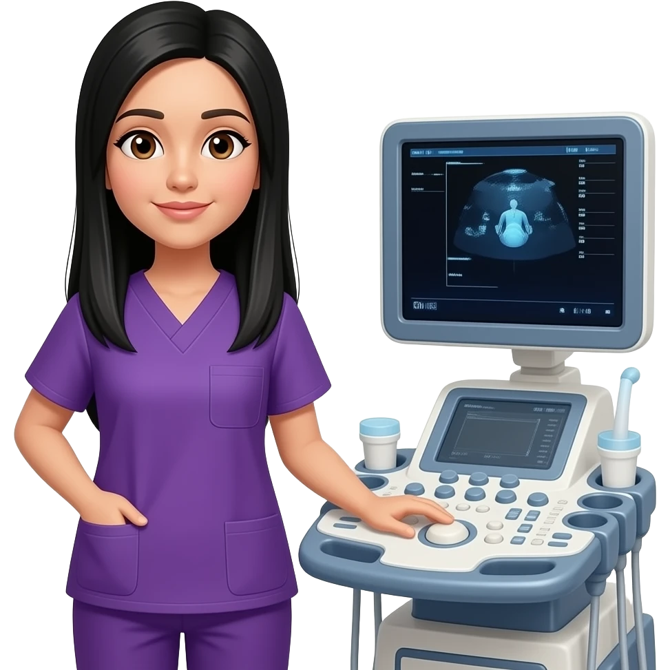 A sonographer with purple scrubs black long straight hair, brown eyes, light skin standing next to an ultrasound machine emoji