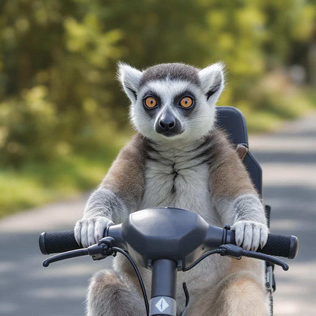 ring tailed lemur riding a mobility scooter, professional photography style, natural lighting, realistic details emoji