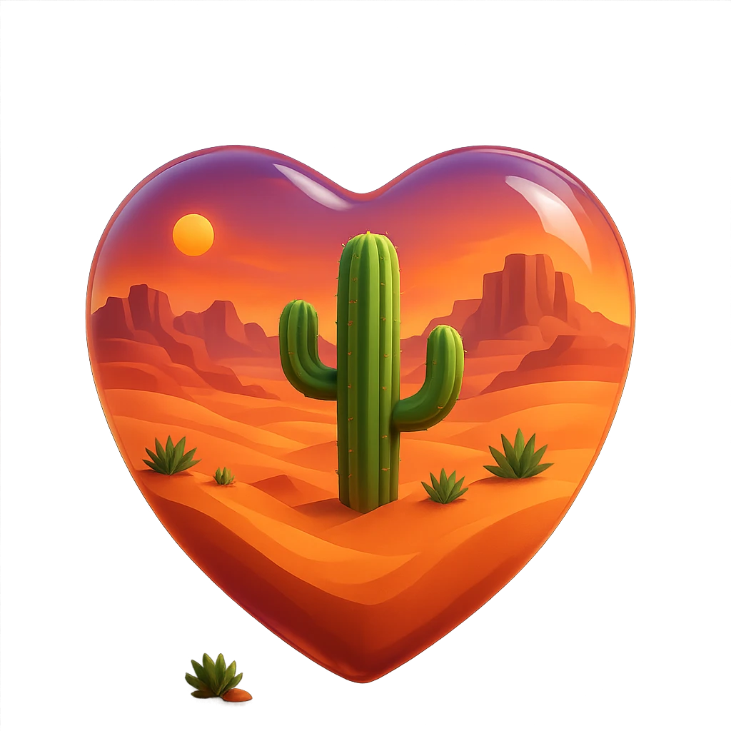 Add a glowing sunset inside the glass heart, with a sky of orange, pink, and purple hues above the desert landscape. Keep the glass effect and no background. emoji