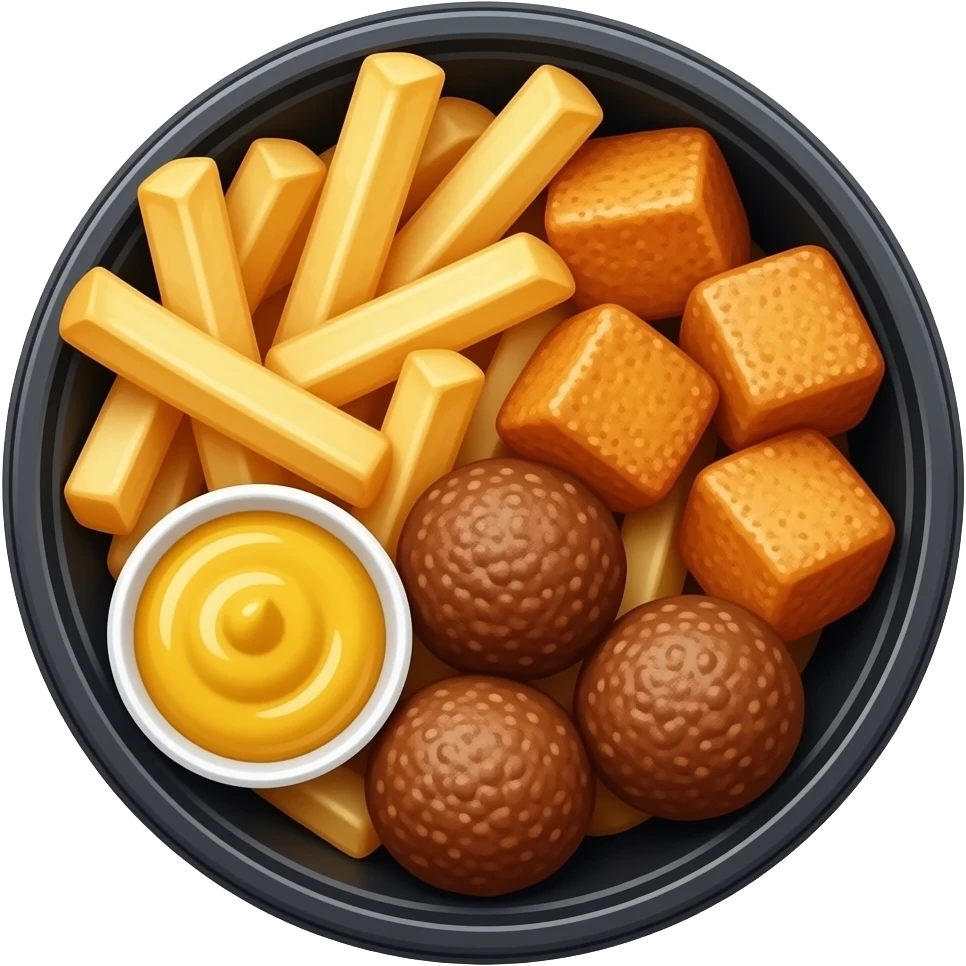 french fry and chicken cubes and meatballs all mixed together with mustard sauce in a black round plastic box. Its called a loaded box. with everything mixes with one another emoji