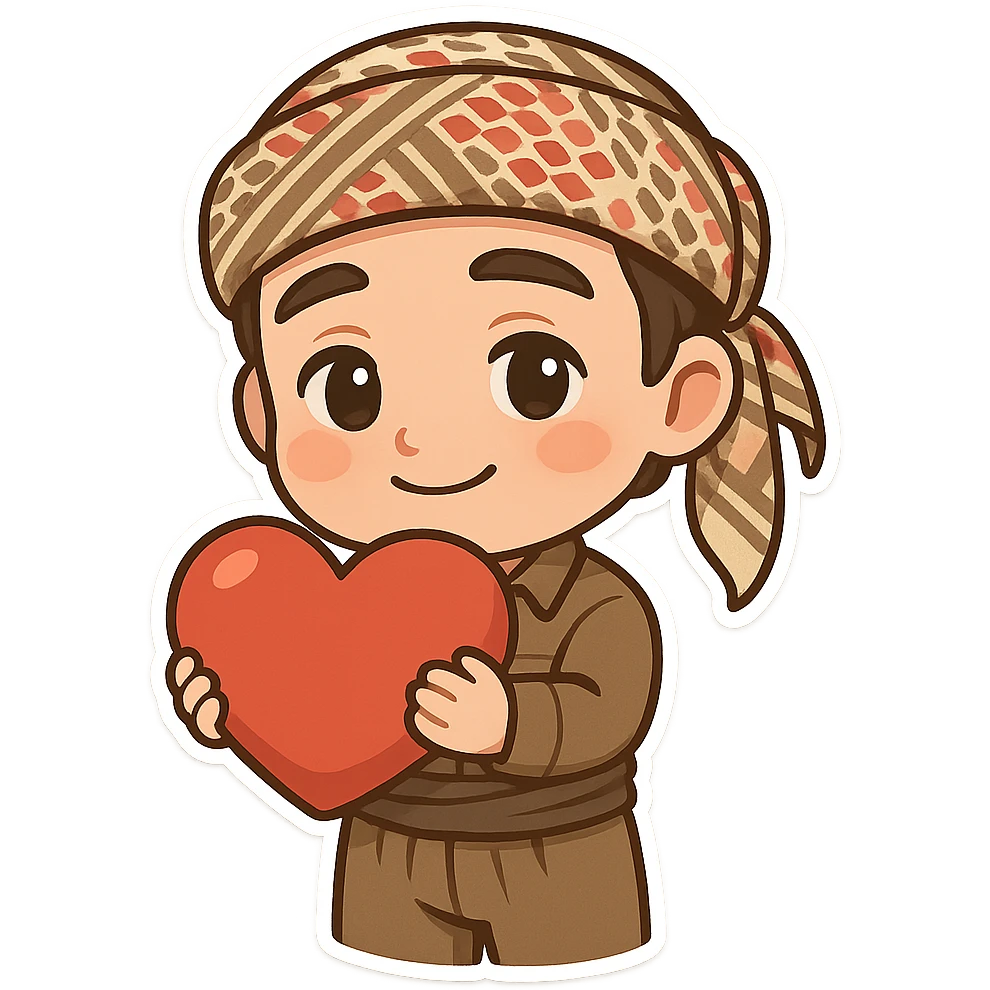 Kurdish man or woman in jamadani, cartoon style, holding a big red heart, affectionate expression, no text emoji