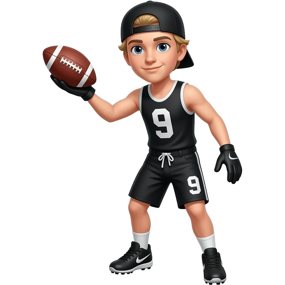 White skin teenager boy with black skullcap with blonde medium hair black tank top with white number 9 black shorts number 9 Nike cleats catching the footbal black gloves emoji