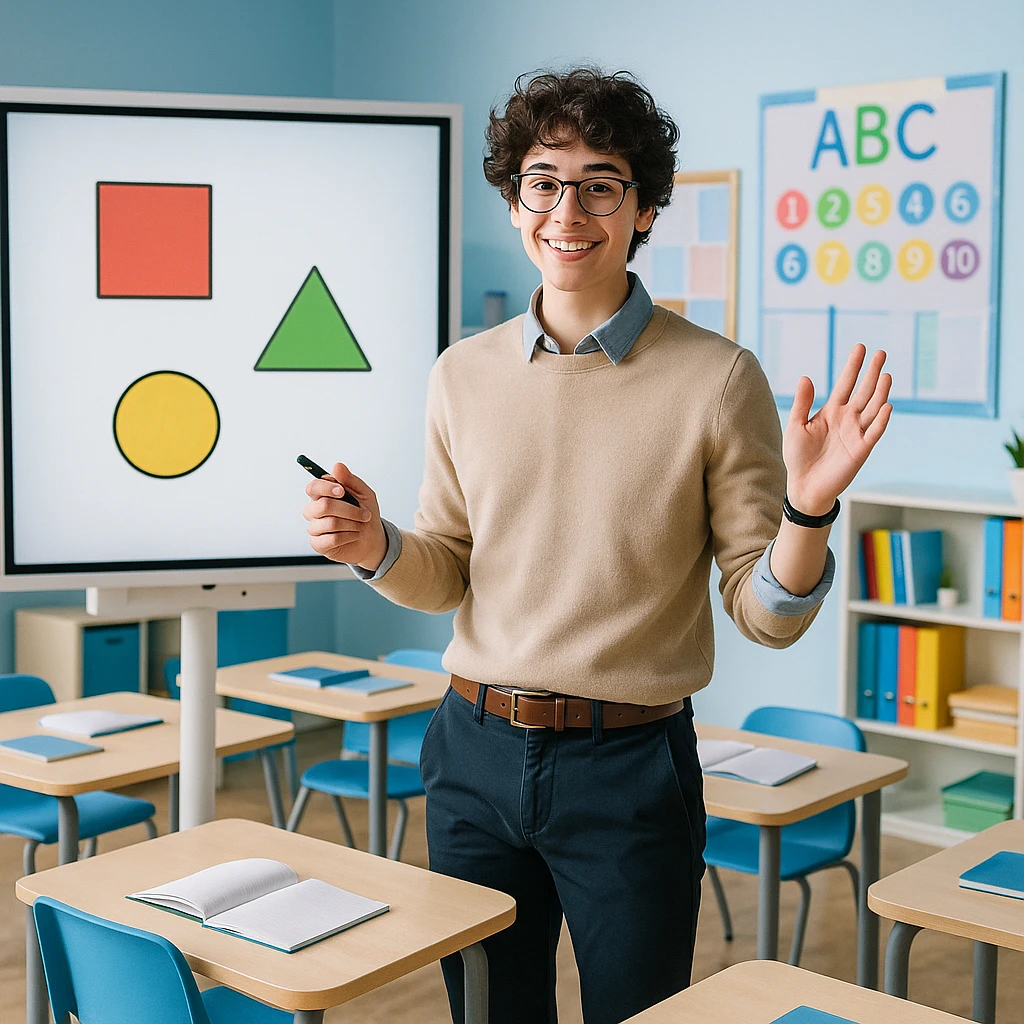 a young teacher, gender neutral, casual teaching pose, modern classroom vibe emoji