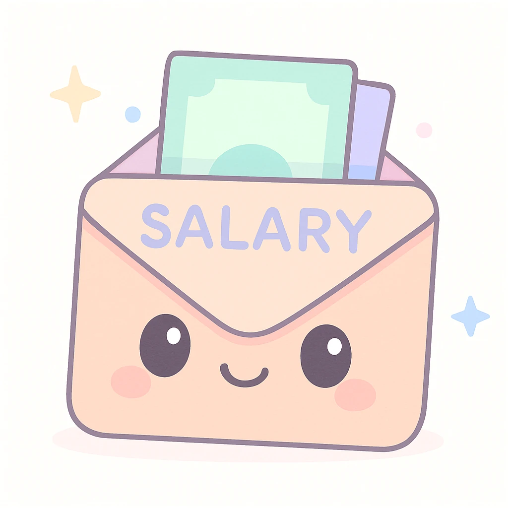 cute cartoon style salary envelope, bright colors, smiling face added emoji