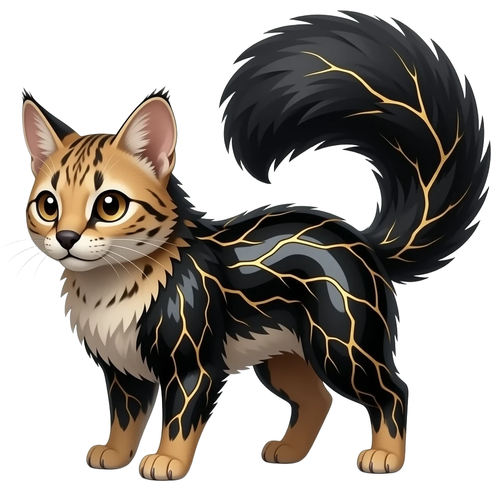 Hyper realistic obsidian fur etched with molten gold fault-lines and dark mirror shine beautiful elegant pretty precious cute Fakémon-Pokémon-opossum-feline-serval-caracal-chinchilla-Furret-Minccino-hybrid-creature with a big fluffy bushy tail (full body) emoji