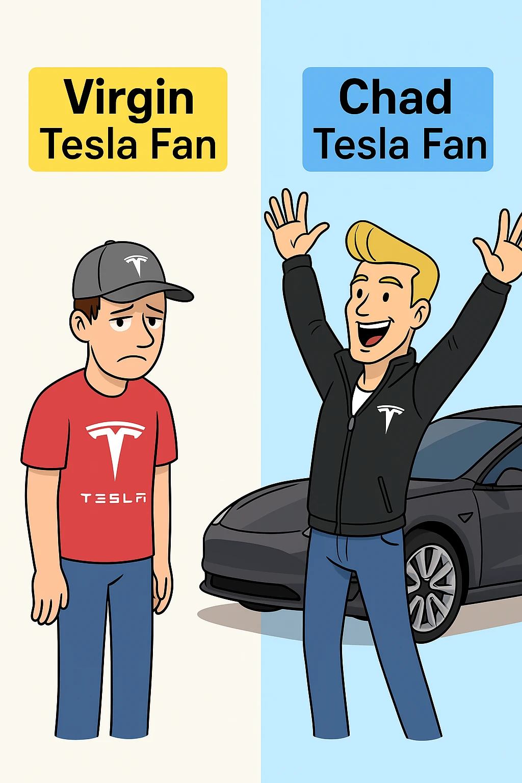make virgin vs chad meme on tesla fan emoji