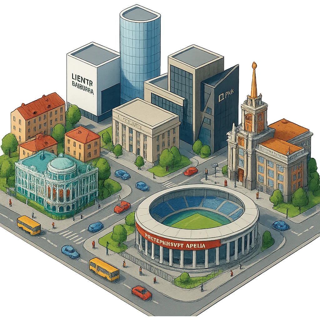 Изометричная миниатюрная фотореалистичная 3D модель Екатеринбурга - Дом Севастьянова, Ельцин-центр, Уральский федеральный университет, дома, Екатеринбург Арена, Штаб-квартира Русской медной компании, Здание Свердловского городского совета народных депутатов, четкие линии, яркие цвета, мультяшный реализм, люди, автотранспорт, компактная композиция, вид сверху в изометрии, прозрачный фон emoji