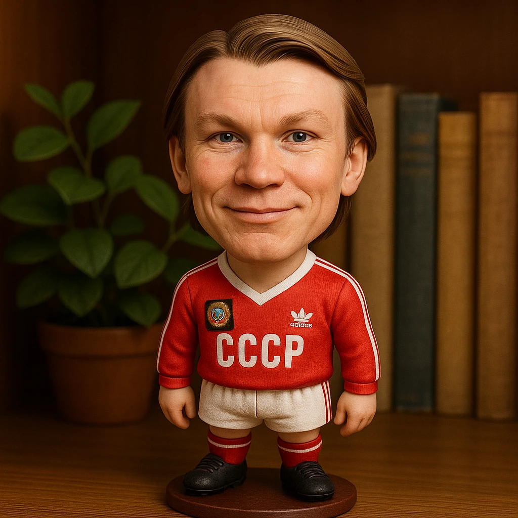 Молодой Олег Блохин в форме сборной СССР 1975 года смотрит на прямо на зрителя и слегка улыбается, освещение с левой верхней стороны кадра emoji