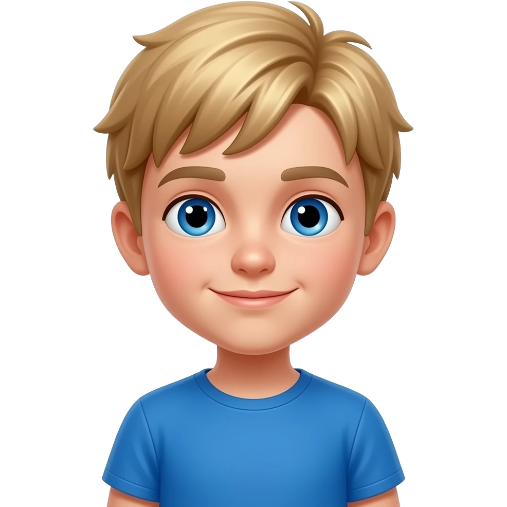 boy short blonde hair blue shirt black shorts, blue eyes 12 yr old emoji