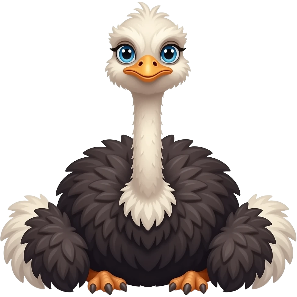Ostrich sitting down facing the front with blue eyes and fluffy hair on top its head emoji