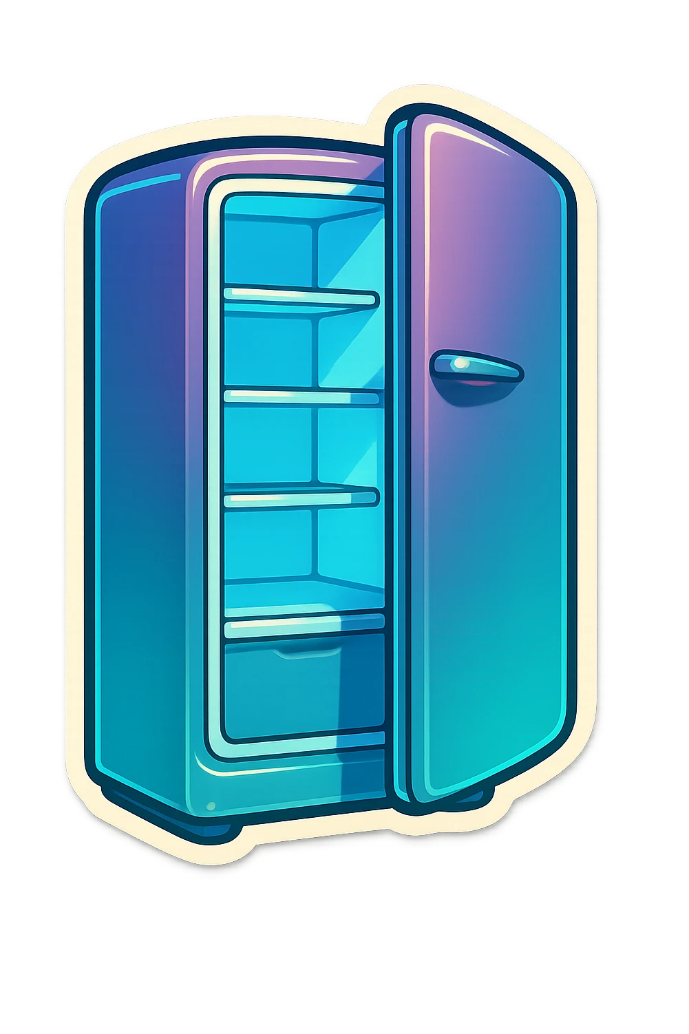 Open modern refrigerator with door slightly ajar, soft blue light glowing from inside, simple shelf shapes, no food details, rounded vector style, clean and minimal, sticker-like, slightly wider proportions. emoji