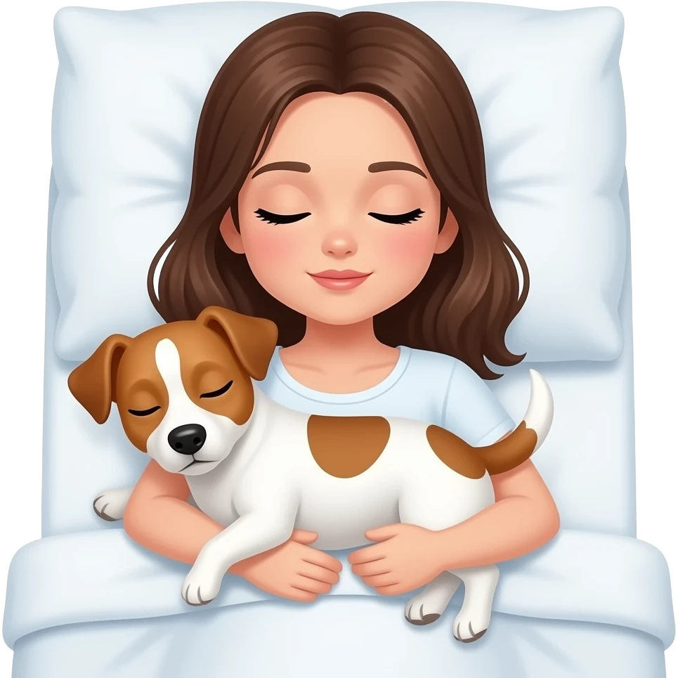 Brunette girl in bed sleeping with fullgoldenbrown color jack russel upon her emoji