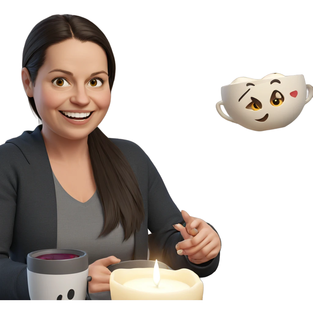 smiling girl with cup and candle emoji