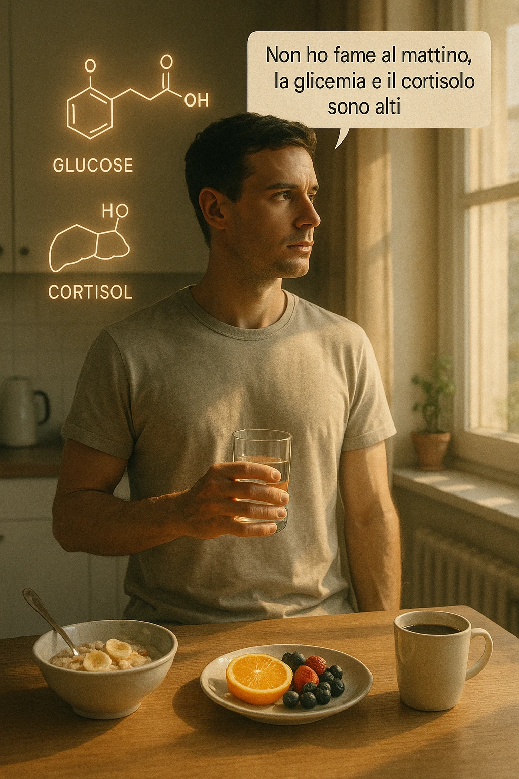 A realistic, cinematic illustration of a man in his early 30s with a lean, healthy build, standing calmly in a bright, minimal kitchen in the early morning. On the kitchen table, there is a prepared but untouched healthy breakfast (oatmeal, fruit, coffee). The man, with a neutral and focused expression, holds a glass of water while looking out of the window where morning sunlight enters. Above him, subtle glowing medical icons display: a glucose molecule, a cortisol hormone symbol, and a liver icon, indicating high morning blood sugar and cortisol levels. A small speech bubble or text overlay says: ‘Non ho fame al mattino, la glicemia e il cortisolo sono alti.’ The scene conveys a sense of calm, clarity, and body awareness, showing that the man consciously avoids breakfast due to physiological signals rather than restrizione. The style is realistic, warm, with a slight film grain, emphasizing health and conscious self-regulation. in italiano emoji