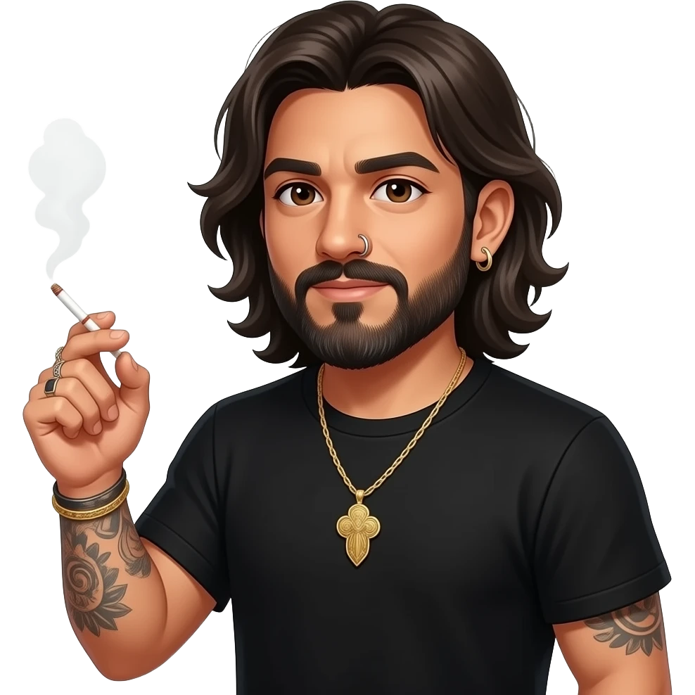 The handsome manly Latino podcast host with medium length hair, a long slightly graying beard and tattoos with his ears pierced 1 time each ear and a nose ring on the right side, dark brown eyes, wearing black, and jewelry, doing cocaine emoji
