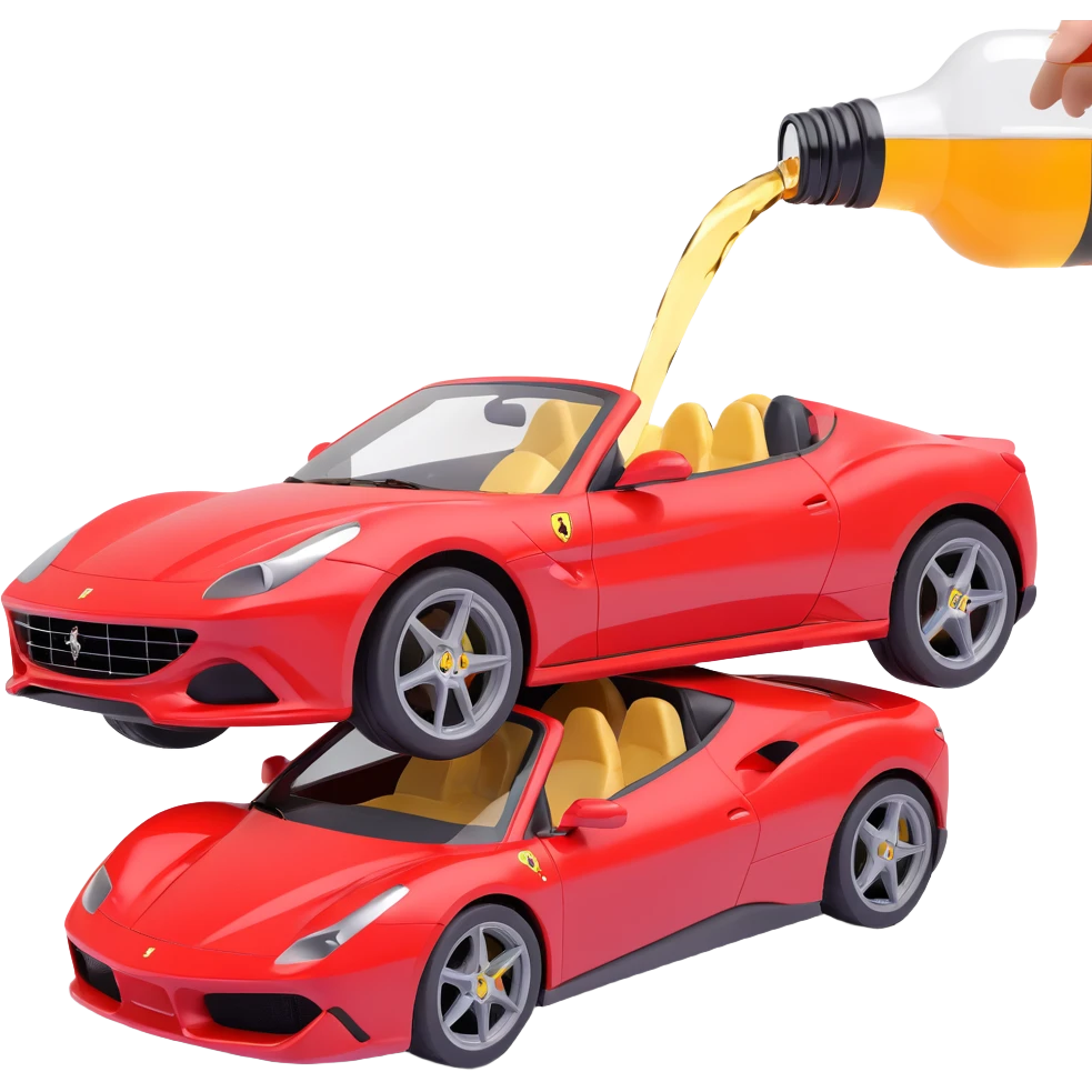 Change the scene so the beer is being poured out directly onto a red sports car, playful and respectful, keep the Ferrari vibe, no text, no glass. emoji