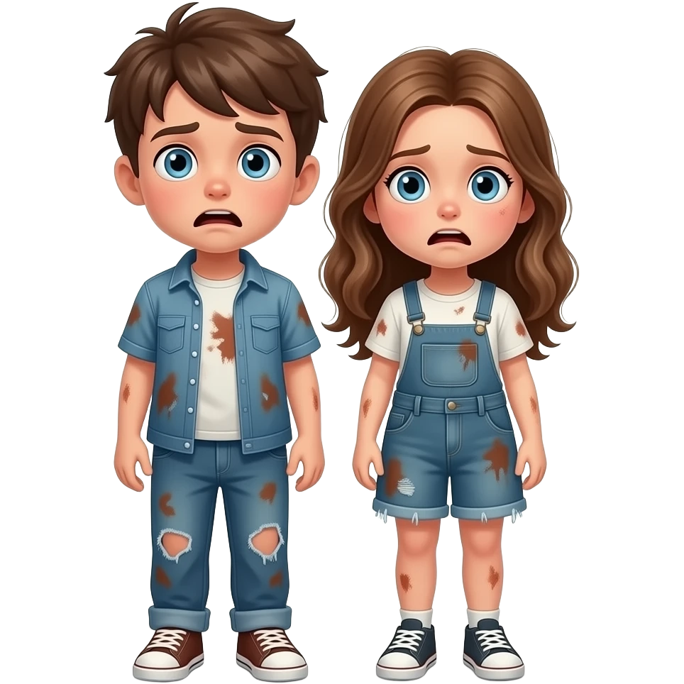 chico y chica son hermanos,se estan preguntando asustados donde estan, el chico castanyo i con pelo corto y la chica pelo suelto y color avellana y los dos tienen ojos azules son hermanos estan depie se les ve los pies su ropa esta manchada emoji