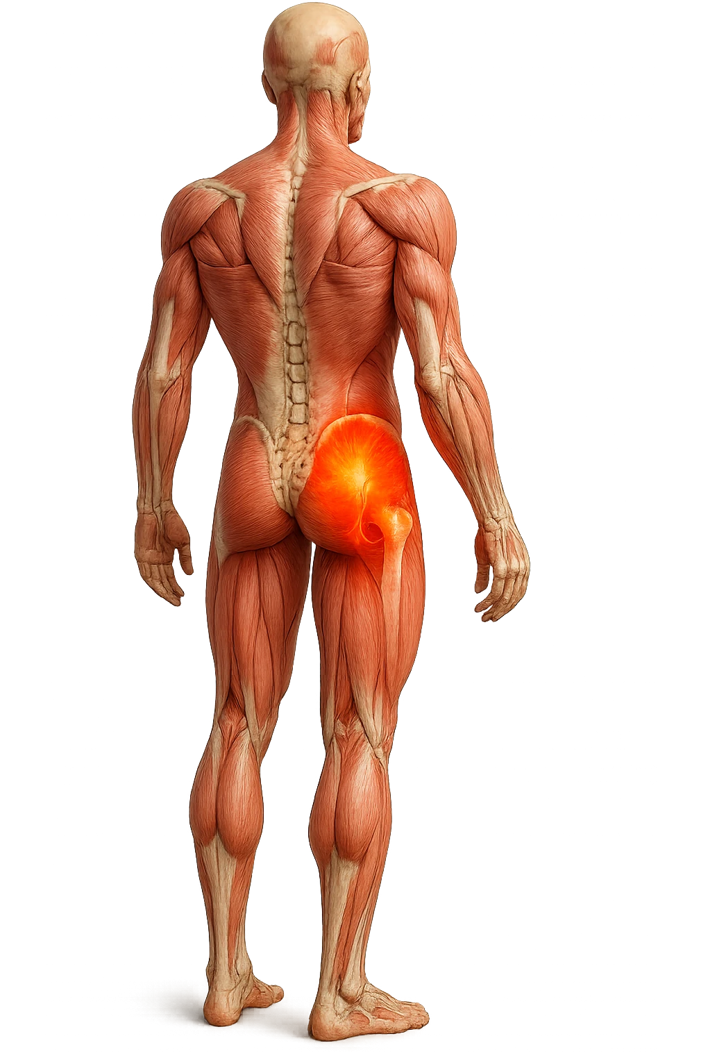 CORPO UMANO ANATOMICO A FIGURA INTERA REALISTICO DI SPALLE CON DOLORE ALLA LOMBARE INFIAMMATA, DOLORE ALL'ANCA, IPERREALISTICO 4K emoji