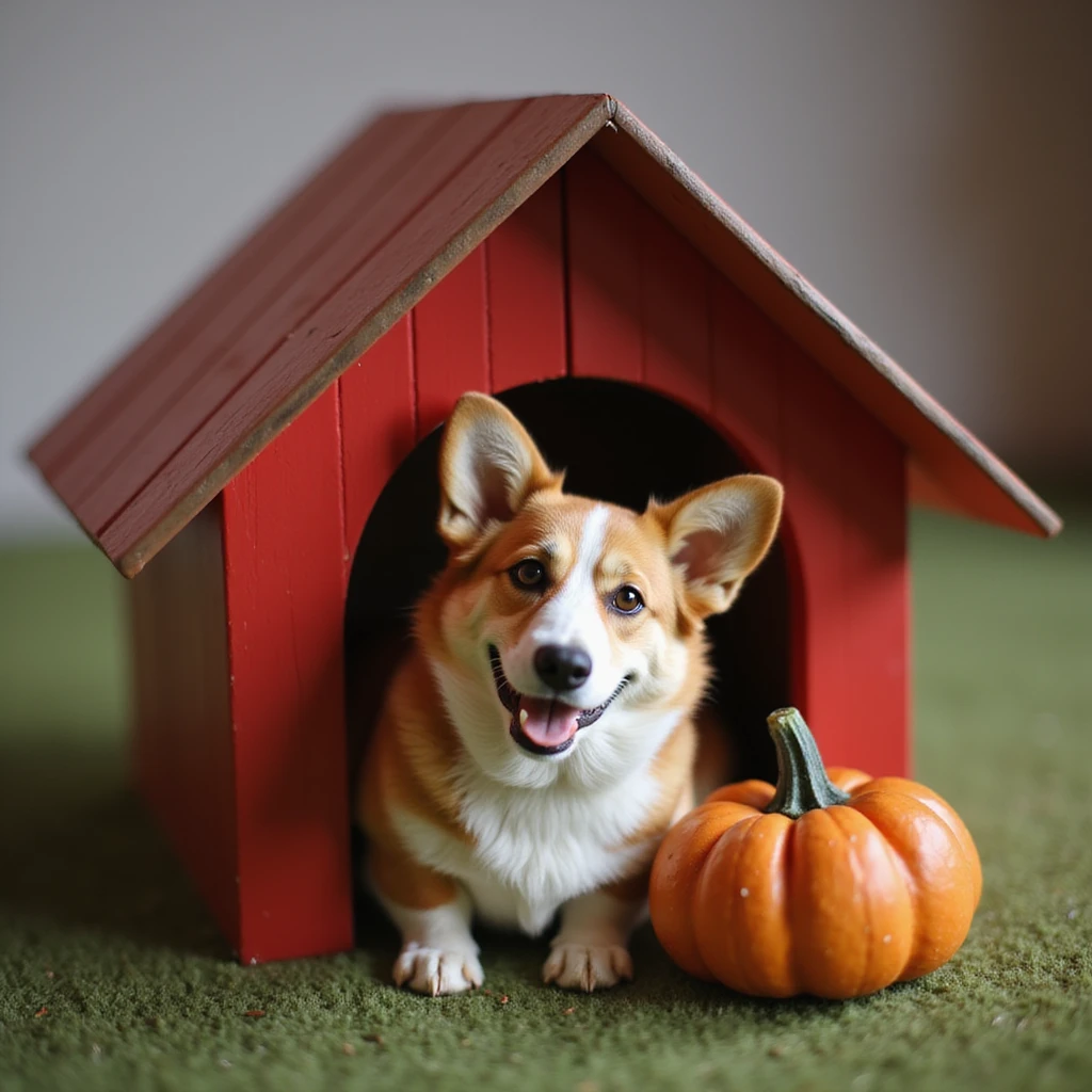 realistic red dog house with a Corgi dog inside, Corgi with a pumpkin, photorealistic style emoji