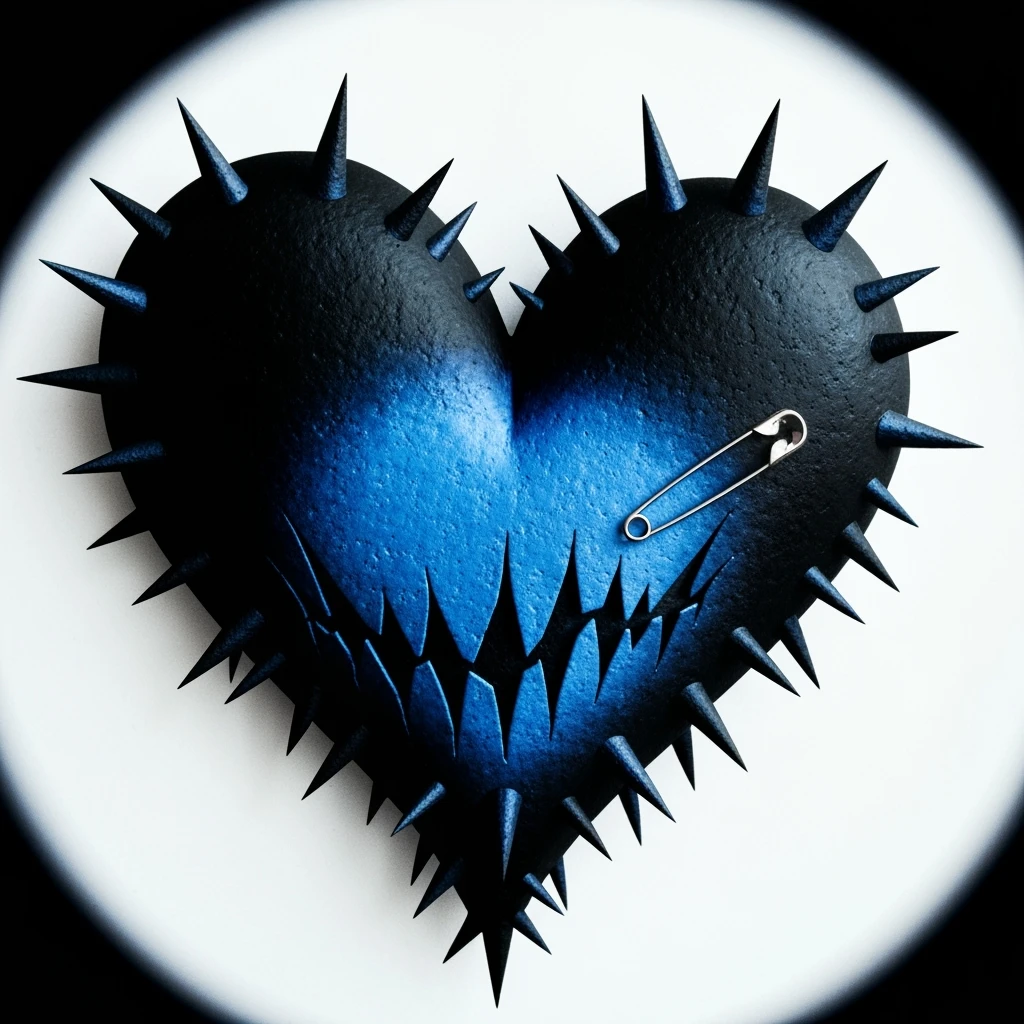 emo heart, jagged edges, black and blue, small safety pin, modern emo aesthetic emoji