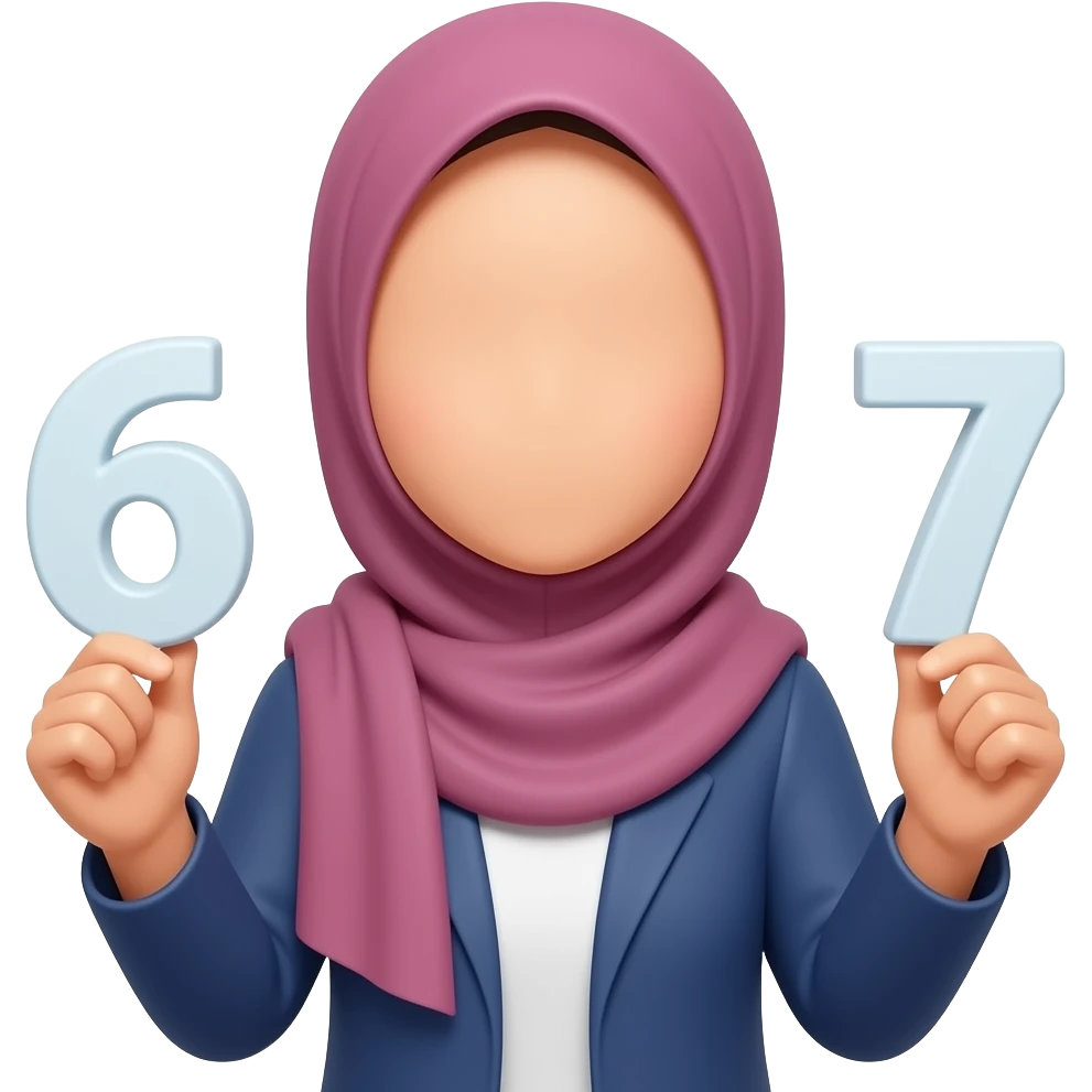 asian hijabi woman holding 6 in one hand and 7 in the other hand. no eyes emoji