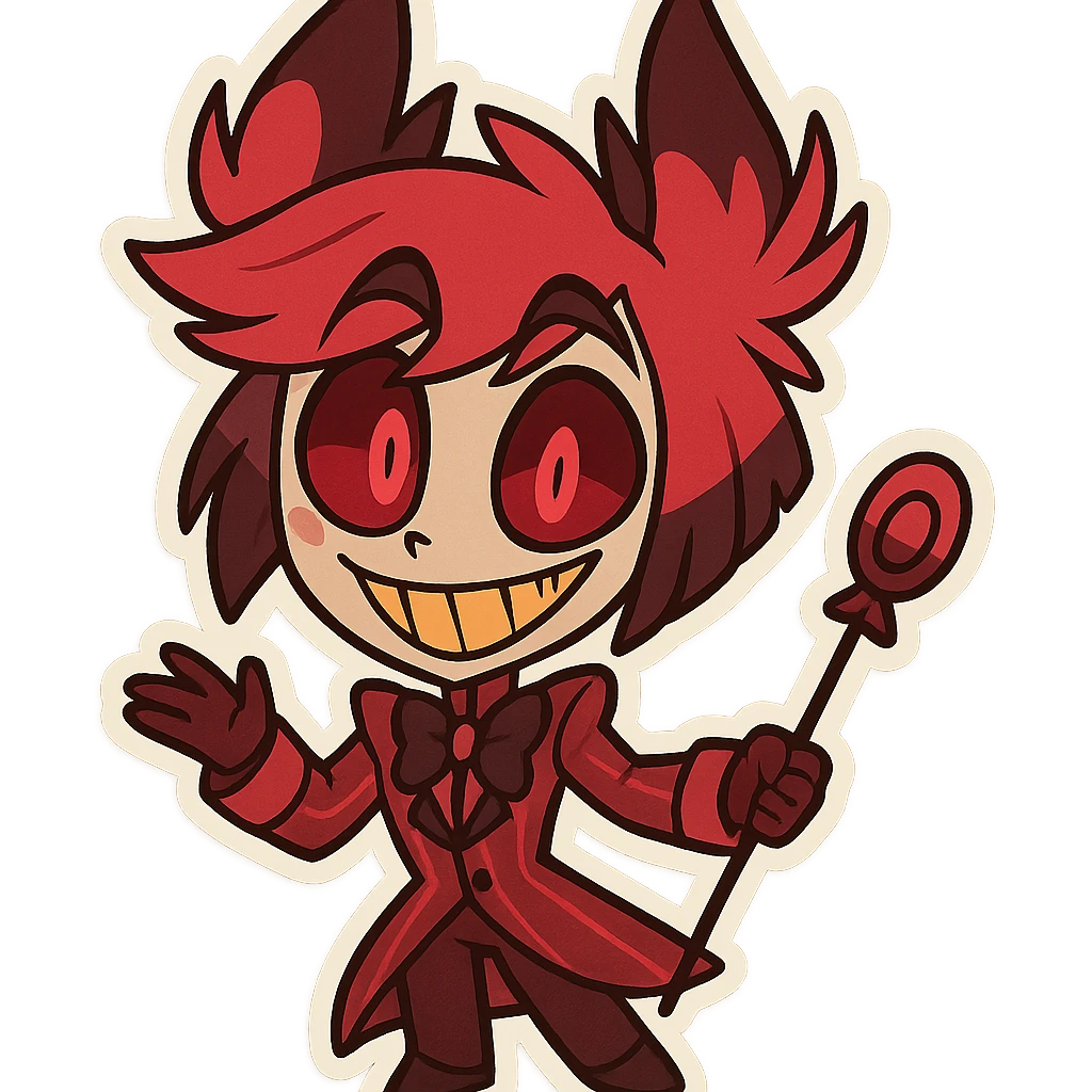 Alastor from Hazbin Hotel stylized as a chibi character with exaggerated features and playful expression, no text emoji