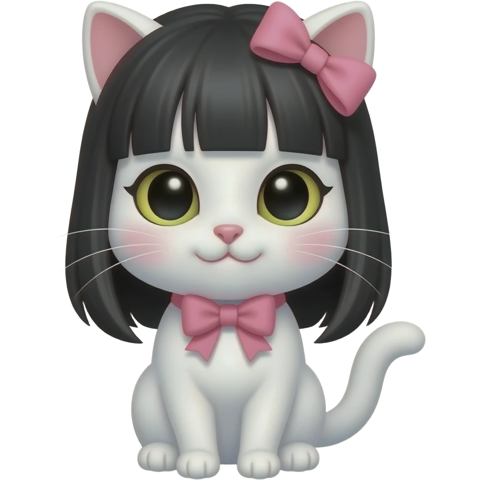 a white girly cat with a pink bow, with a cute straight black hair lady emoji