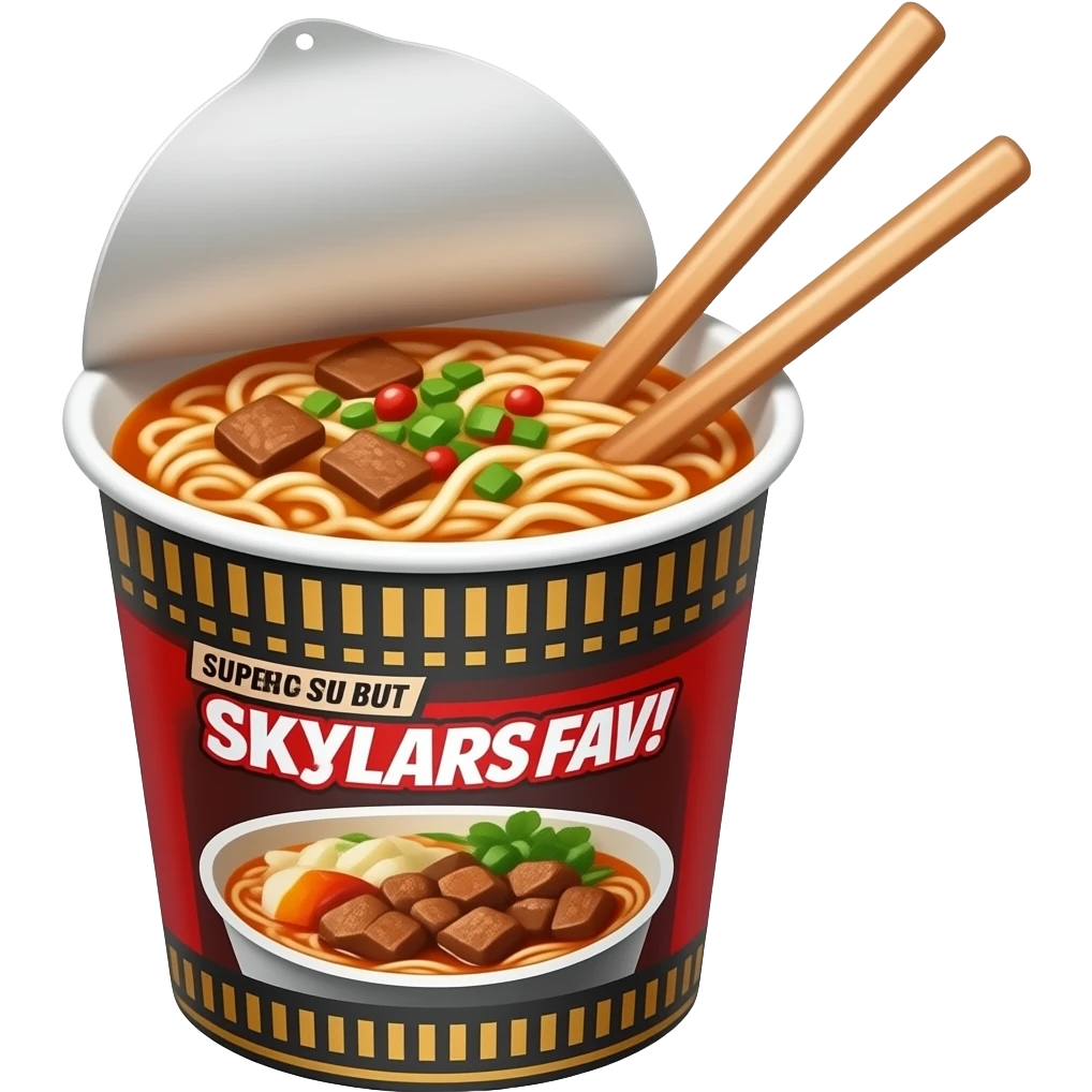 Noodles in a cup with red sauce and beef broth and chopsticks and The package says SUPER SPICY BUT SKYLARS FAV! emoji