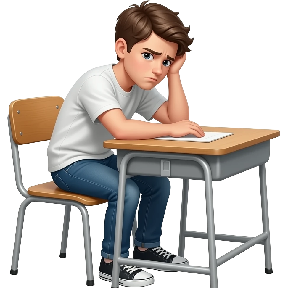 emoji genervter jugendlicher, ganzer körper am Tisch, weißer Hintergrund,  kopf in den Händen, kopf zur seite gedreht emoji