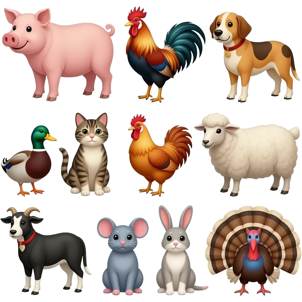Farm animals: Cow, pig, rooster, dog, duck, cat, chicken, sheep, goat, mouse, rabbit, and a turkey emoji