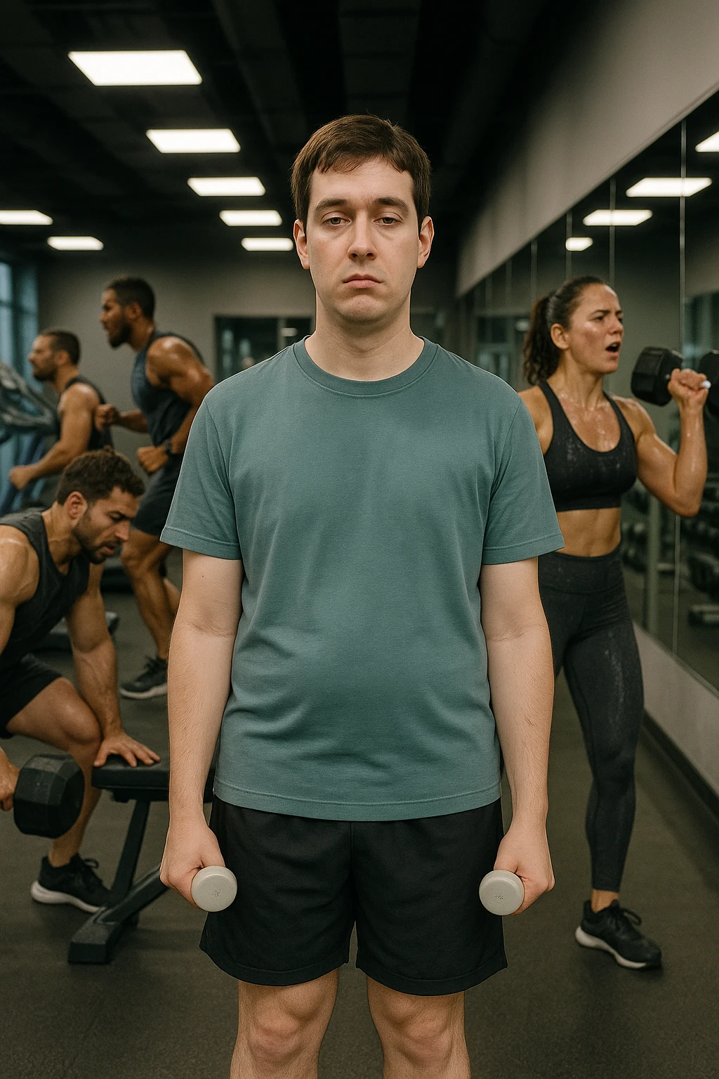 A man in a modern gym wearing sportswear, lifting very light dumbbells with a bored or uninterested expression. Around him, other athletes train intensely. His physique appears underdeveloped or without progress. The atmosphere is static with no visible sweat or effort, clean mirrors, and barely used equipment. Artificial gym lighting, clean environment, visually empty scene of effort. Vertical format. emoji