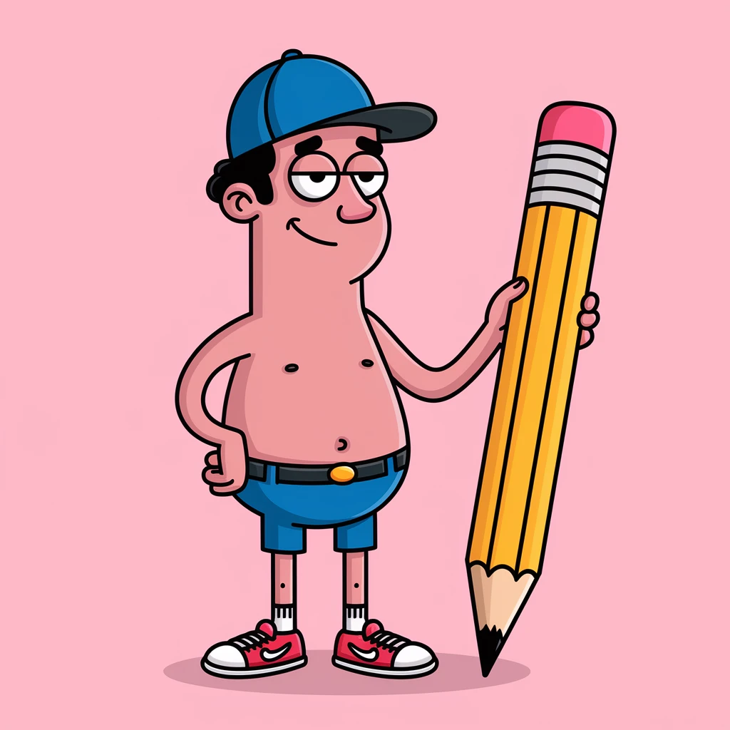 a skinny man standing next to a pencil (cartoon colourful style) emoji