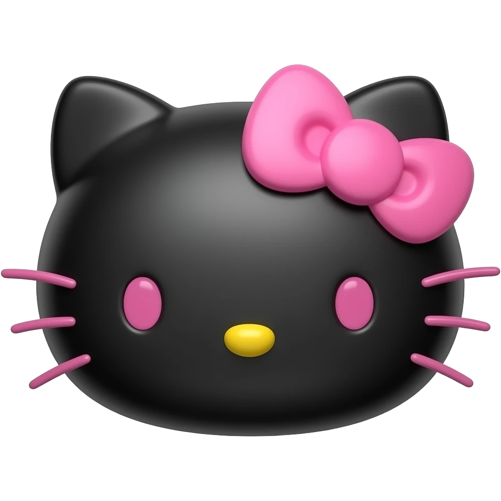 Recreate this Hello Kitty-style 3D emoji, keep the black face and overall design unchanged, change the eyes and whiskers to pink, keep bow pink and nose yellow, smooth glossy 3D style, centered, no background, high resolution. emoji