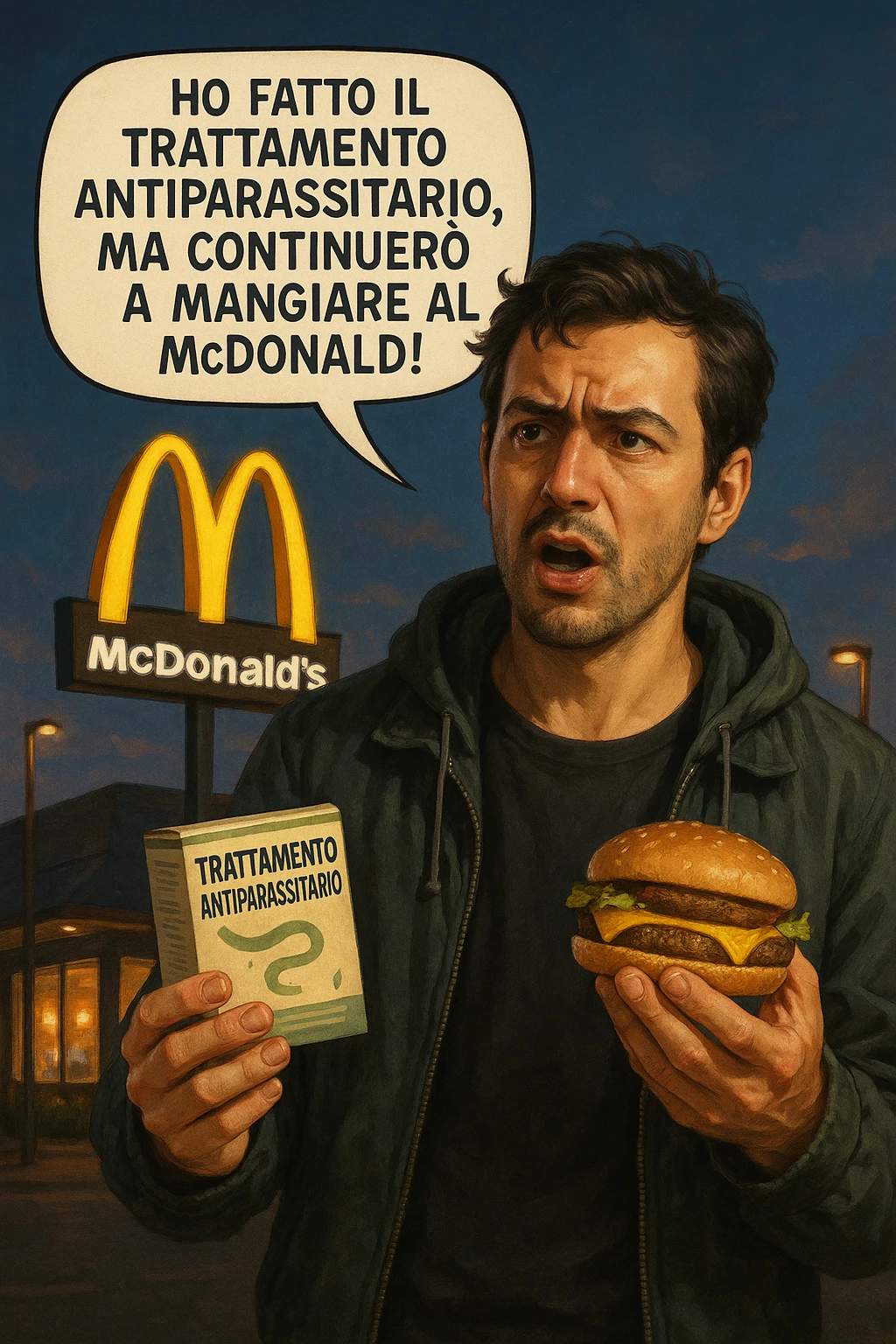 A realistic, cinematic illustration of a man in his early 30s with a confused yet stubborn expression, standing outside a McDonald's at dusk, holding a small box labeled 'Trattamento Antiparassitario' in one hand while holding a large McDonald's burger in the other. He is mid-sentence, saying 'Ho fatto il trattamento antiparassitario, ma continuerò a mangiare al McDonald!' in an expressive speech bubble. The man wears casual streetwear, and behind him, the McDonald's golden arches glow under a neon-lit sky. The mood is ironic and educational, highlighting the contradiction of doing parasite cleanses while continuing unhealthy fast-food habits. The style is realistic with slight illustrative clarity, emphasizing the message humorously while maintaining a serious undertone about lifestyle choices and health in italiano emoji