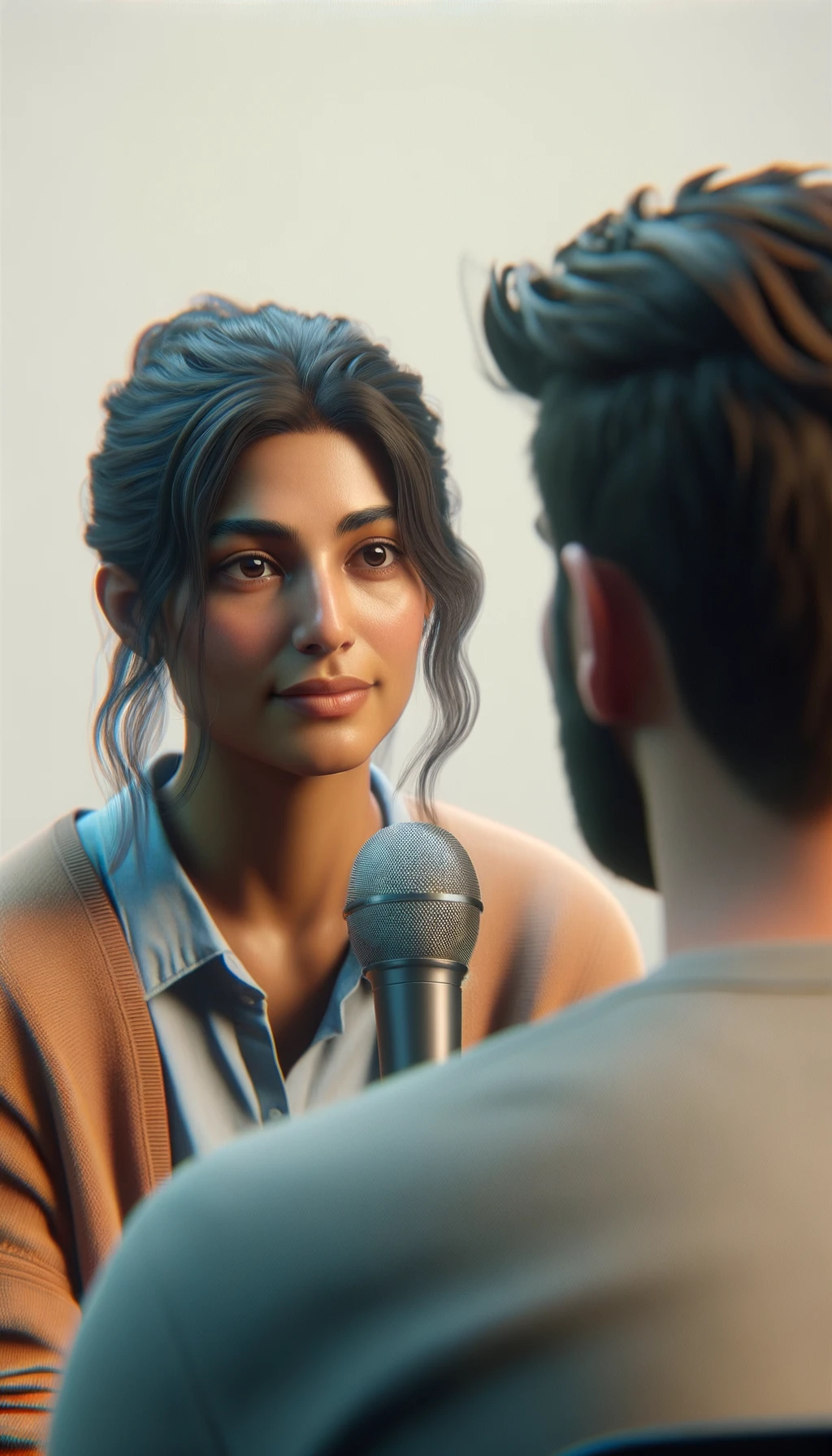 una persona parla e un altra persona di spalle lo ascolta, immagine iperrealistica 4k, sfondo chiaro emoji
