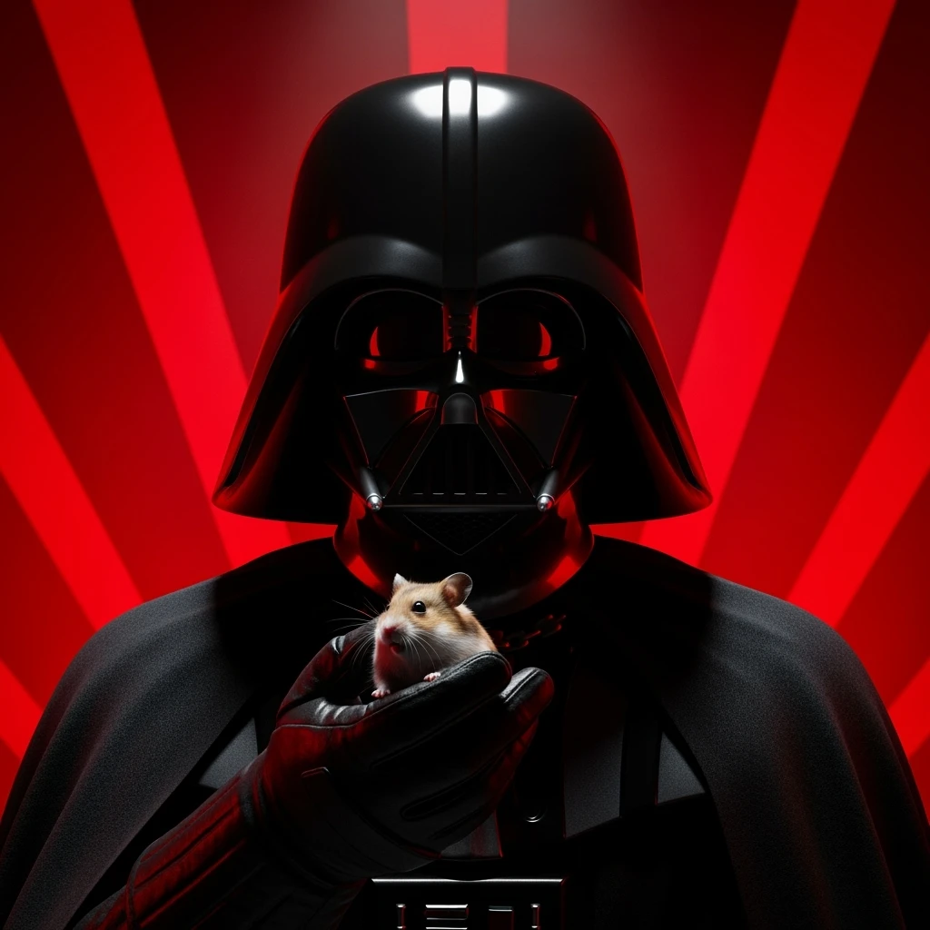 Closeup Photo of a darth vader holding hamster, low key light, red solid background with leading lines, back light, spot light emoji