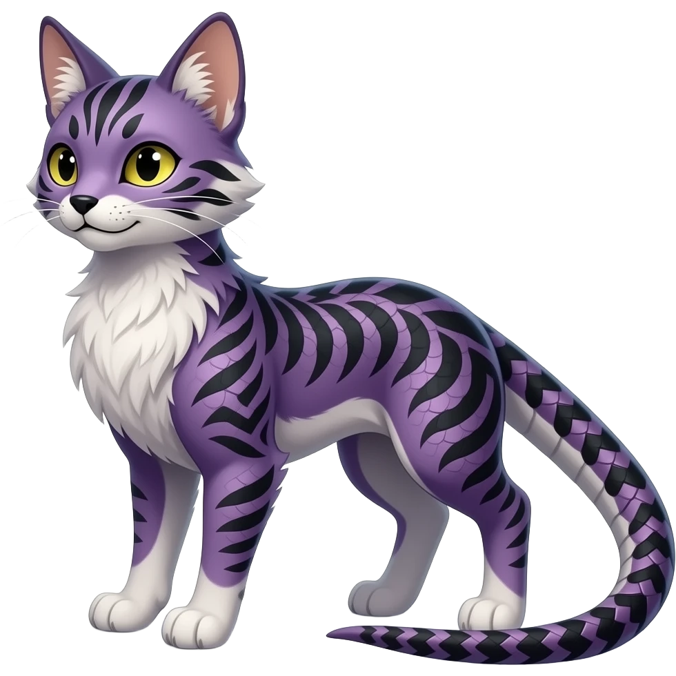 Slim elegant realistic Asian Furry, tribal-marked-patterned feathery fluffy tropical flecked painted feathery scaly, Purple, white, black, Minccino-Bambino-Lykoi-Linoone-Zangoose-fusion-hybrid-animal-Fakémon-creature, full body, thin long sleek scaly tail, intricate markings emoji