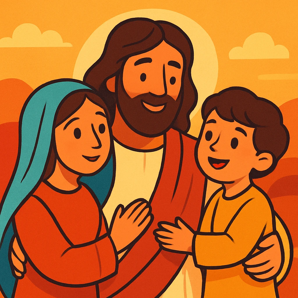 Jesus and his family, gentle cartoon style, warm colors, soft features emoji