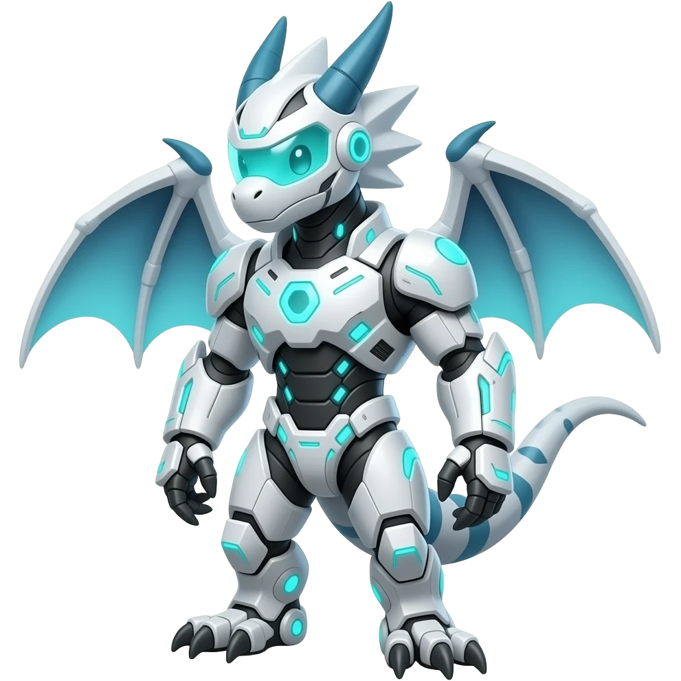 Futuristic white and glowing neon-cyan cyber-Armor-masked Raptorik draconian edgy badass Trico-Marowak-ExVeemon-Fakémon-hybrid emoji